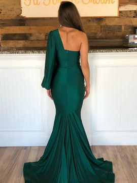 Shop 2020 Unique Emerald Green Mermaid Long Sleeve One Shoulder Satin Simple Formal Prom Dress under 200