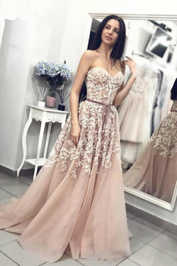 Shop New Arrival Blush Sweetheart Lace Appliqued Long A-Line Tulle Prom Dress With Belt from Annakoo