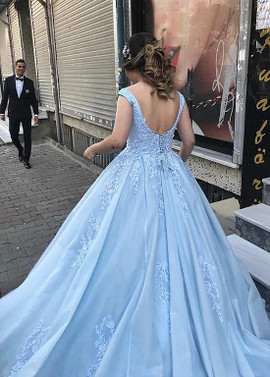 Shop Backless Tulle V-neck Blue Lace Appliques  A-line Prom Dresses With Beadings under 200