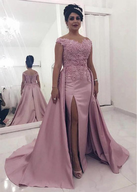 Shop Unique 2020 Satin Off-the-shoulder Pink Sheath/Column Evening Dresses With Detachable Train under 200
