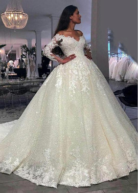 Shop 2020 Romantic Lace Off-the-shoulder Beading Long Sleeves Ball Gown Wedding Dress under 300