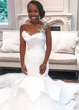 Shop Unique Luxury Beautiful Beadings Satin One Shoulder Mermaid Wedding Dresses from Annakoo