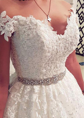 Shop 2020 Spring Lace Appliques & Beadings Tulle Off-the-shoulder Neckline A-line Wedding Dress under 200