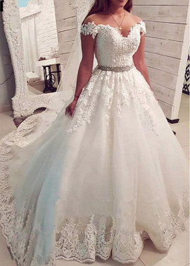 Shop 2020 Spring Lace Appliques & Beadings Tulle Off-the-shoulder Neckline A-line Wedding Dress under 200
