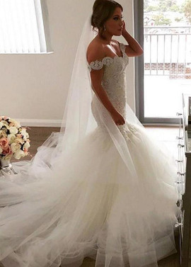 Shop Romantic Long Lace Appliques Beading Tulle Off-the-shoulder Mermaid Wedding Dress under 200