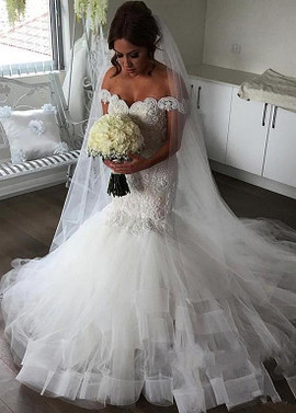 Shop Romantic Long Lace Appliques Beading Tulle Off-the-shoulder Mermaid Wedding Dress under 200