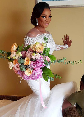 Shop Romantic Tulle Jewel Long Sleeve Mermaid Wedding Dresses With Lace Appliques Under 200