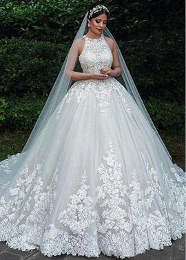 Shop Beautiful Tulle Jewel Beading Backless Ball Gown Wedding Dresses With Lace Appliques from Annakoo