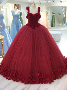 Shop Unique 2020  Straps Burgundy Tulle Beaded Ball Gown Quinceanera Dress with Flowers from Annakoo