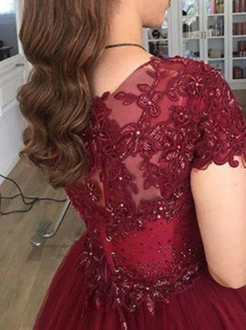 Buy Beautiful Short Sleeves Burgundy Tulle Appliques Ball Gown V-Neck Quinceanera Dress from Annakoo