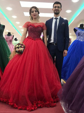 Shop 2020 New Arrival Red Tulle Ball Gown Bateau Quinceanera Dress with Sequins Flowers from Annakoo