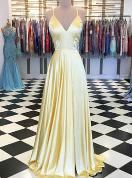 Shop Cheap A-Line Yellow Satin V-neck Lace Up Back Formal Prom Dress under 100