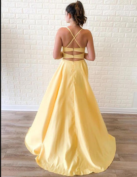 Shop Sexy 2020 Satin Spaghetti Straps A-Line Yellow Prom Dress With Side Split under 100