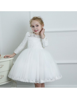 White Lace Long Sleeve Flower Girl Dress Wedding Dress