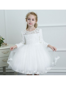 White Lace Long Sleeve Flower Girl Dress Wedding Dress