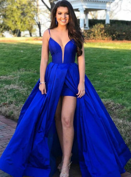 Shop Sexy 2020 High Low Royal Blue Satin Spaghetti Straps Cross Straps Back Prom Dress under 100