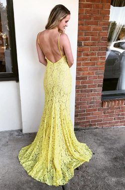 Shop Sexy New Arrival  V Neck Backless Yellow Spaghetti Straps Prom Dresses With Side Split from Annakoo