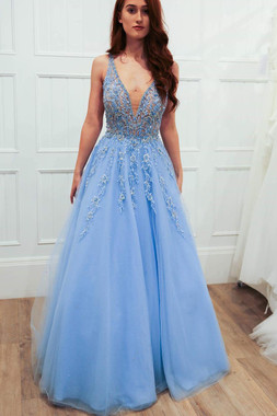 Shop Backless Annakoo Beautiful New Sparkly Ball Gown Illusion V Light Sky Blue Long Prom Dress for 2020