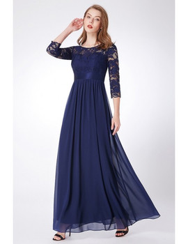 Empire Waist Navy Blue Lace Chiffon Evening Dress 