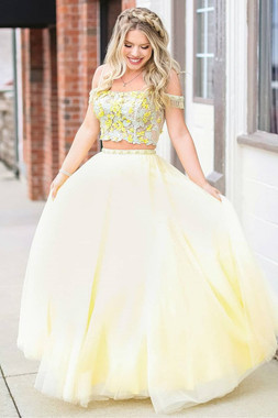 Shop Beautiful 2020  Lace Top Elegant Lace Appliques Two Piece Yellow Long Prom Dress from Annakoo