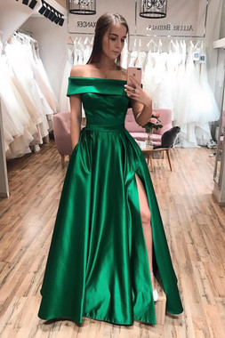 Shop Sexy Off Shoulder Emerald Green Long Prom Dress with Side Slit under 100
