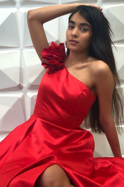 Shop Cheap Satin Oblique Neck A-Line Long Red Prom Dress with Flower under 100