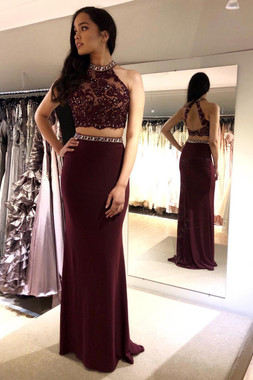 Shop Dark Purple Grape Chiffon Two Piece Sheath Backless Beading Long Prom Dress from Annakoo