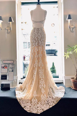 Shop Open Back Backless Champagne Lace Straps Mermaid Appliques Long Prom Dress from ANNAKOO