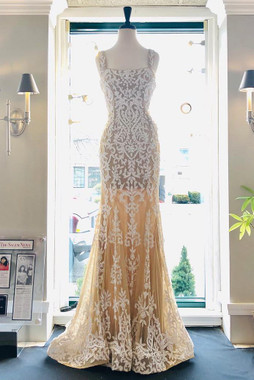 Shop Open Back Backless Champagne Lace Straps Mermaid Appliques Long Prom Dress from ANNAKOO