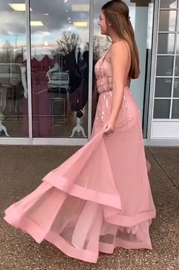 Shop Bling Bling Sequin Tiered Beading Tulle V Neck Backless Long Peach Prom Dress from ANNAKOO