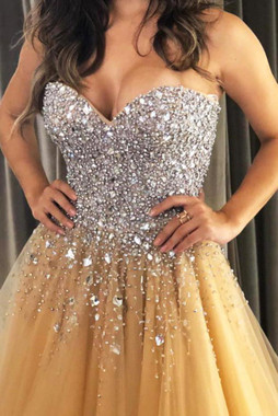 Shop Bling Bling Sweetheart Sequins Tulle Beading Champagne Long Prom Dress under 200