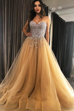 Shop Bling Bling Sweetheart Sequins Tulle Beading Champagne Long Prom Dress under 200