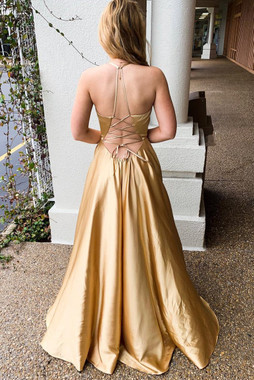 Shop Beautiful 2020 Satin Halter Lace-Up Mesh Gold Long Prom Dress with Slit from ANNAKOO