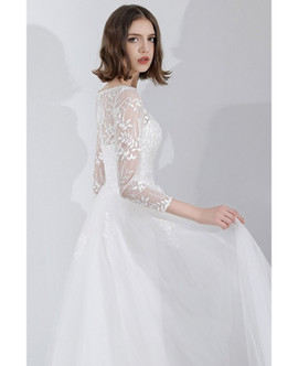 Shop Beach A Line Leaf Lace Long 3/4 Sleeves Tulle Wedding Dress  from ANNAKOO