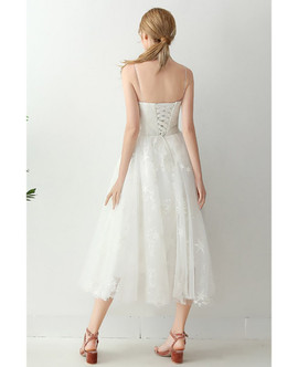 Shop Lace Up 2020 Beautiful Spaghetti Straps Star Lace Tea Length Wedding Dress from ANNAKOO
