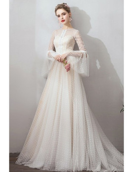 Beautiful 2020 French Romantic Polka Dot Long Sleeves Sweep Train Vintage Wedding Dress From ANNAKOO