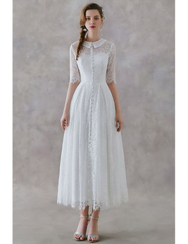 Shop Beautiful ANNAKOO French Vintage Collar Half Sleeves Lace Tea Length Wedding Dress Under 100