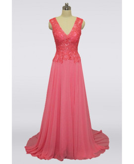 V-neck Lace  Coral Pink Long Mother Of The Bride Dress