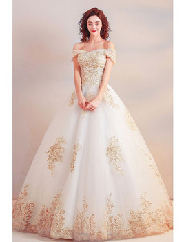 Shop Unique Beautiful Luxury Off The Shoulder Gold Embroidery Ball Gown Wedding Dress from ANNAKOO