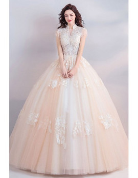 Shop Beautiful Unique High Collar Princess Lace Champagne Ball Gown Wedding Dress from ANNAKOO