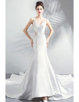 Shop Beautiful Sexy Appiques Pearl White Satin Long TrainTight Mermaid Wedding Dress from ANNAKOO