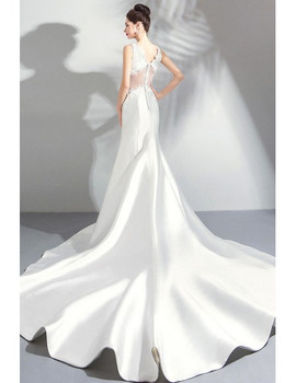 Shop Beautiful Sexy Appiques Pearl White Satin Long TrainTight Mermaid Wedding Dress from ANNAKOO