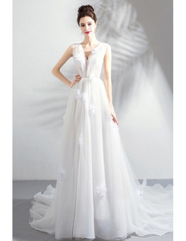 Shop Romantic 2020 Simple Tulle Fairy White Petals V-neck Boho Wedding Dress  from ANNAKOO