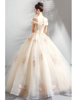 Unique 2020 ANNAKOO Nude Off The Shoulder LacePink Ball Gown Wedding Dress Free Shipping