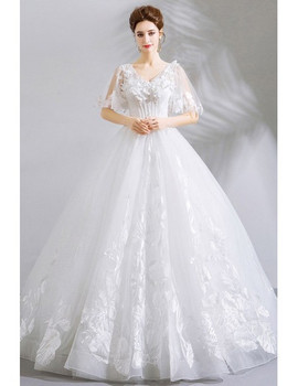 Buy Wholesale 2020 Unique Lace White Ball Gown Floral Wedding Dress With Sleeves from ANNAKOO