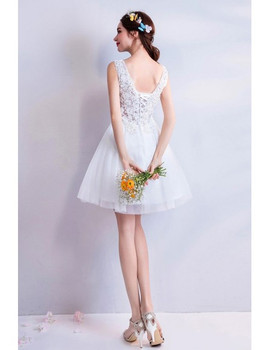Shop New Arrival White Sleeveless Lace V-neck Short Bridal Party Wedding Reception Dress under 100