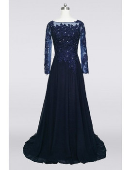 Long Sleeves Navy Beaded Formal Mother Of The Bride Dress 