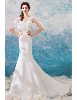 Shop Romantic 2020 Tulle Long Tight Mermaid Cape Sleeves Long Train Wedding Dress  from ANNAKOO