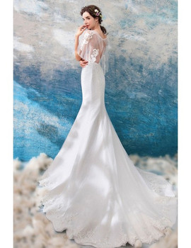 Shop Romantic 2020 Tulle Long Tight Mermaid Cape Sleeves Long Train Wedding Dress  from ANNAKOO