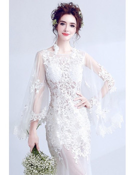 Shop Simple Cap Sleeves Cape Sleeves See Through Lace Boho Sheath Column Wedding Dress under 100